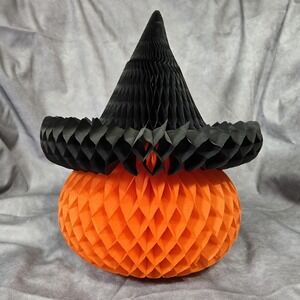 Vintage Halloween Pumpkin in witches Hat‎ Honeycomb Decoration  11x10" Party